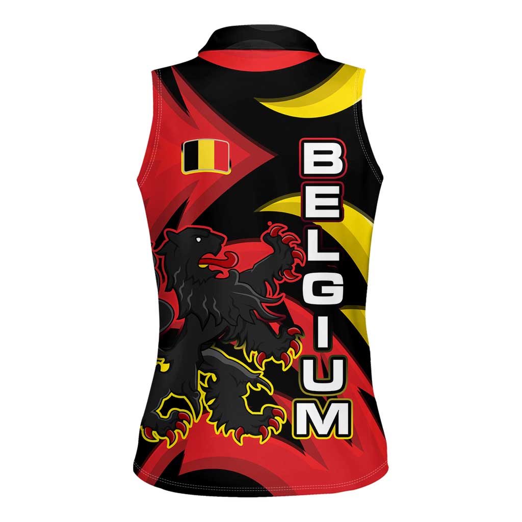 Belgium Women Sleeveless Polo Shirt with Black Red Lion Crest Flag Flame Spirit