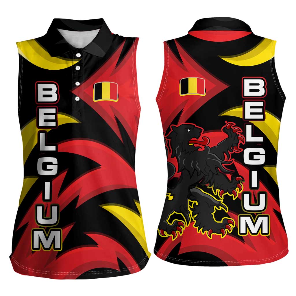Belgium Women Sleeveless Polo Shirt with Black Red Lion Crest Flag Flame Spirit