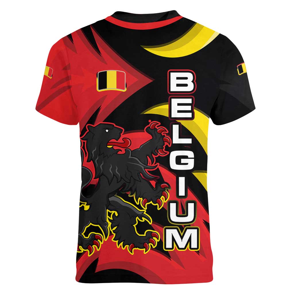 Belgium Women V-Neck T-Shirt with Black Red Lion Crest Flag Flame Spirit