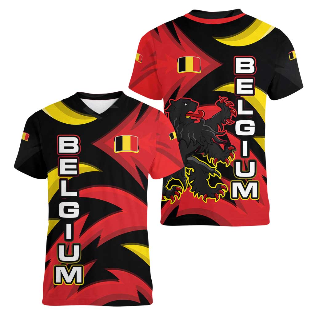 Belgium Women V-Neck T-Shirt with Black Red Lion Crest Flag Flame Spirit
