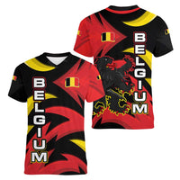 Belgium Women V-Neck T-Shirt with Black Red Lion Crest Flag Flame Spirit