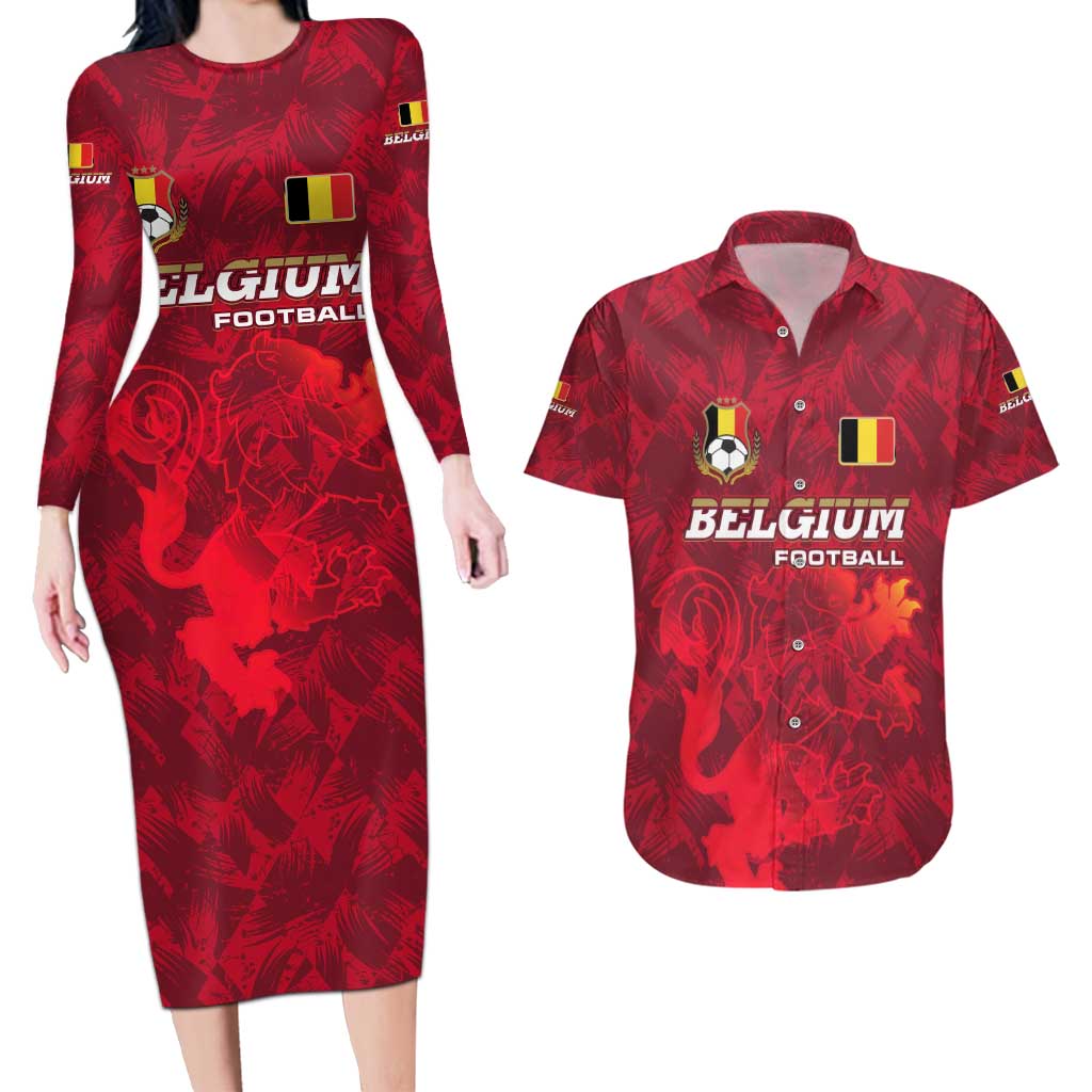 Belgium Couples Matching Long Sleeve Bodycon Dress and Hawaiian Shirt with Football Red Map Crest Rose Spirit