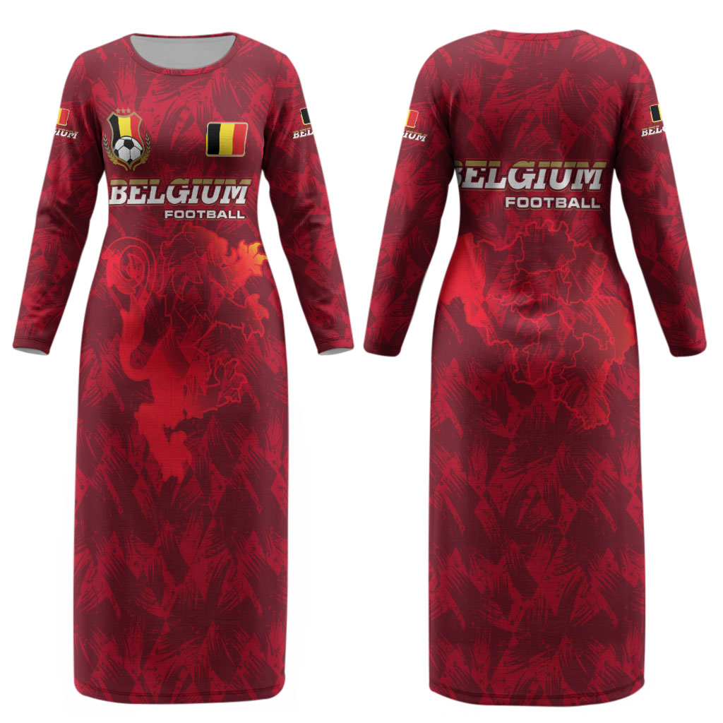 Belgium Couples Matching Long Sleeve Bodycon Dress and Hawaiian Shirt with Football Red Map Crest Rose Spirit TS04