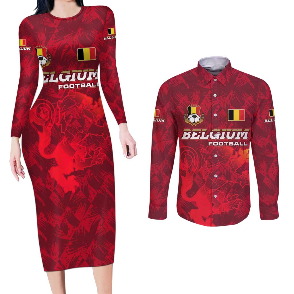 Belgium Couples Matching Long Sleeve Bodycon Dress and Long Sleeve Button Shirt with Football Red Map Crest Rose Spirit