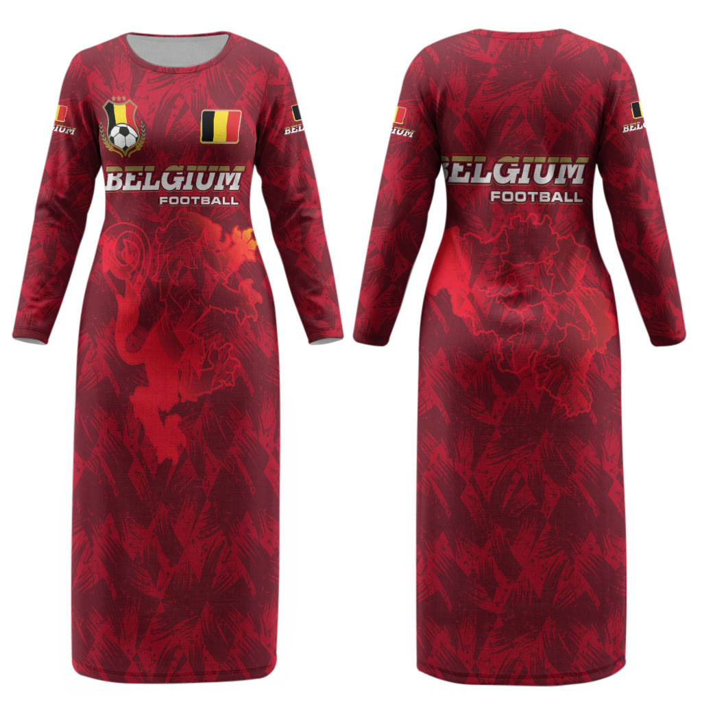Belgium Couples Matching Long Sleeve Bodycon Dress and Long Sleeve Button Shirt with Football Red Map Crest Rose Spirit TS04