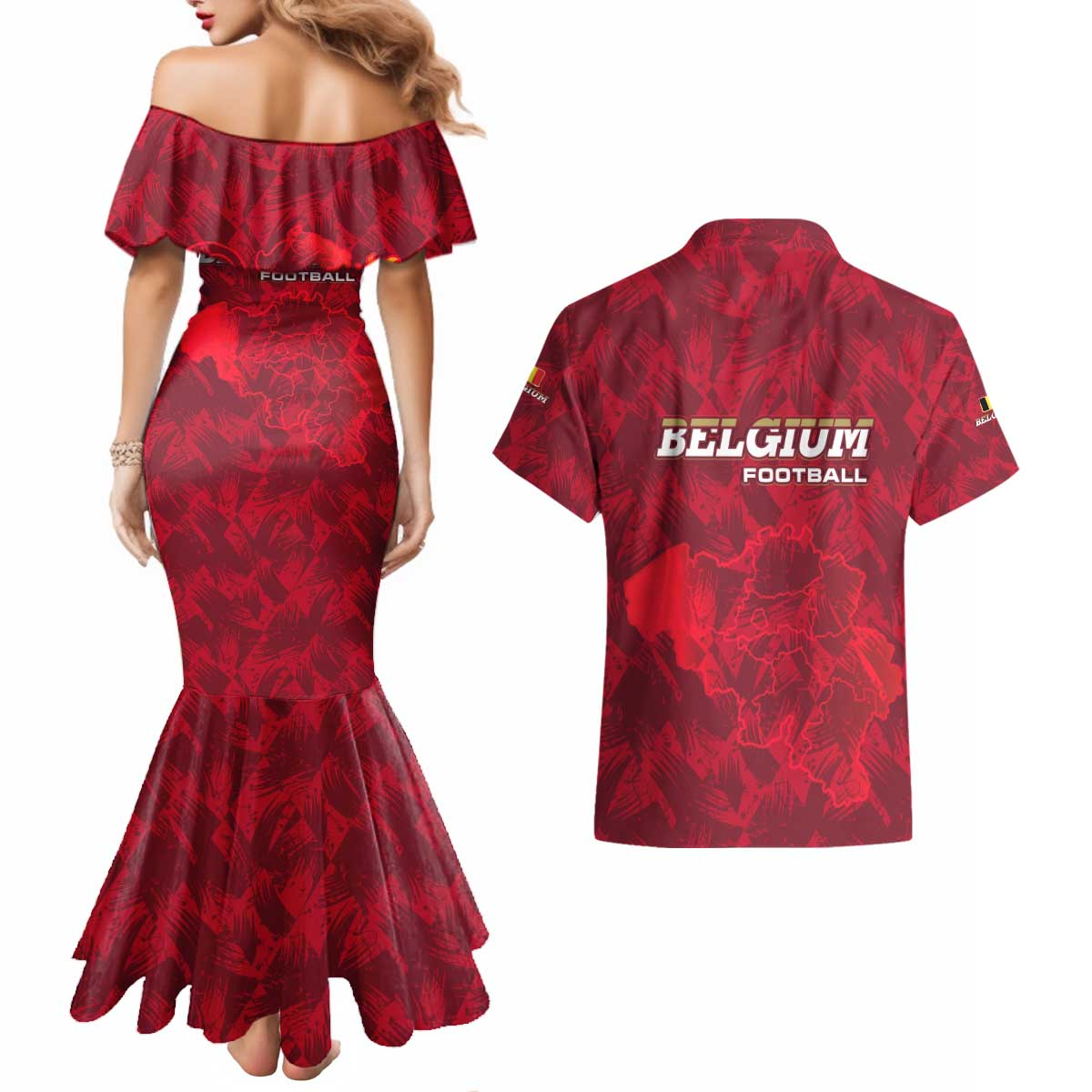 Belgium Couples Matching Mermaid Dress and Hawaiian Shirt with Football Red Map Crest Rose Spirit