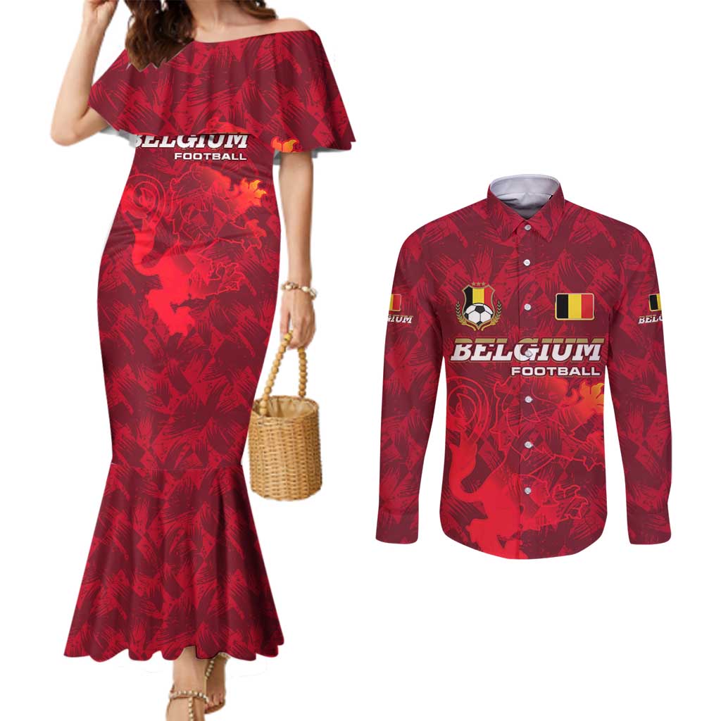 Belgium Couples Matching Mermaid Dress and Long Sleeve Button Shirt with Football Red Map Crest Rose Spirit