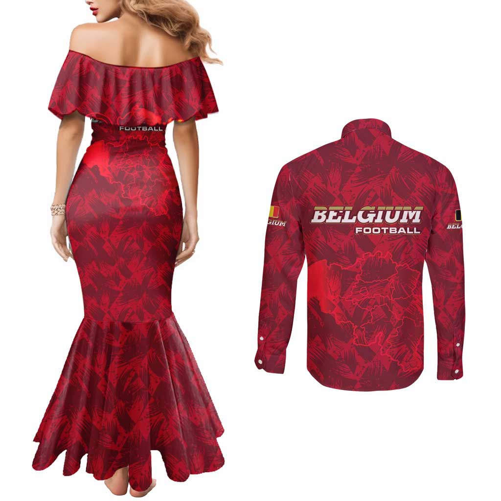 Belgium Couples Matching Mermaid Dress and Long Sleeve Button Shirt with Football Red Map Crest Rose Spirit