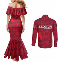 Belgium Couples Matching Mermaid Dress and Long Sleeve Button Shirt with Football Red Map Crest Rose Spirit