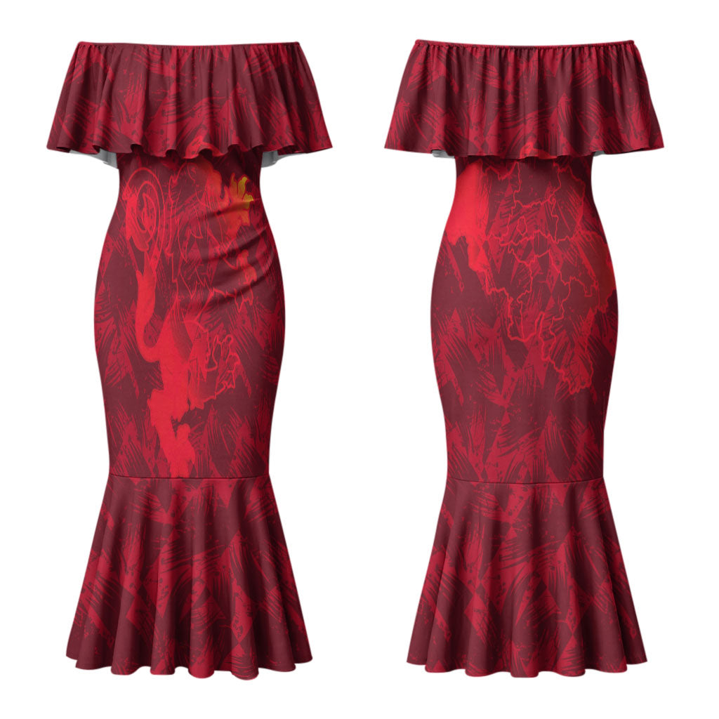 Belgium Couples Matching Mermaid Dress and Long Sleeve Button Shirt with Football Red Map Crest Rose Spirit TS04