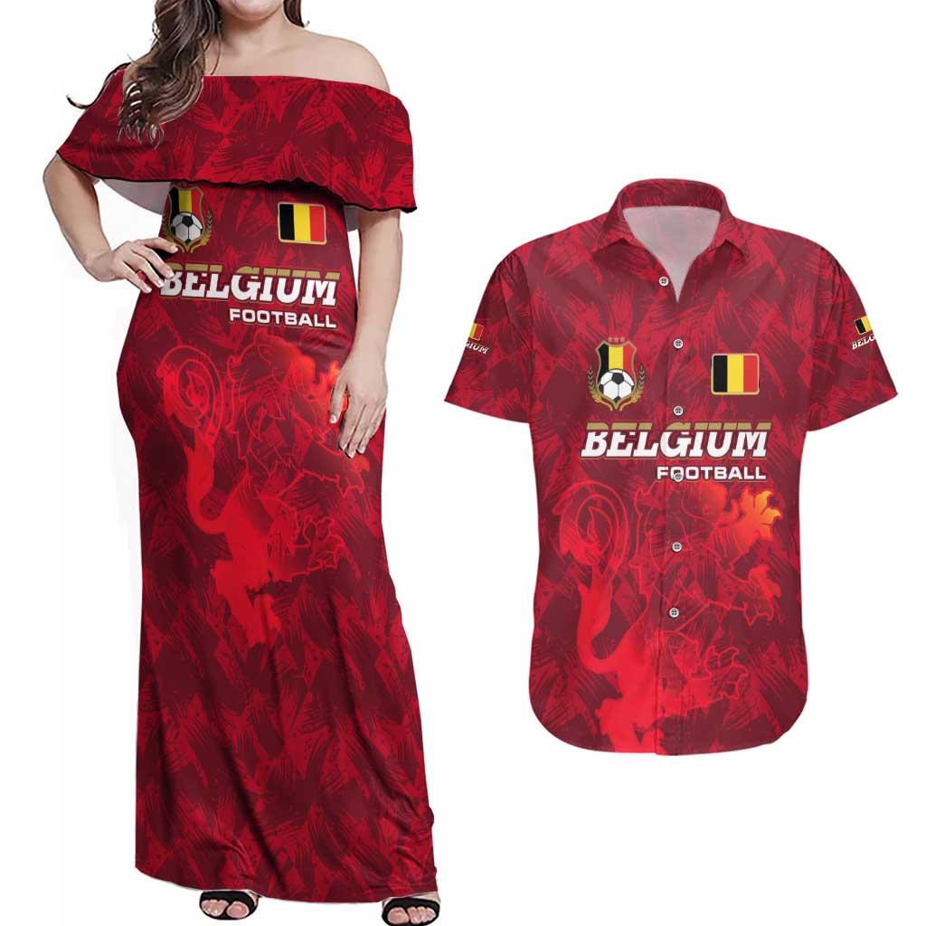Belgium Couples Matching Off Shoulder Maxi Dress and Hawaiian Shirt with Football Red Map Crest Rose Spirit