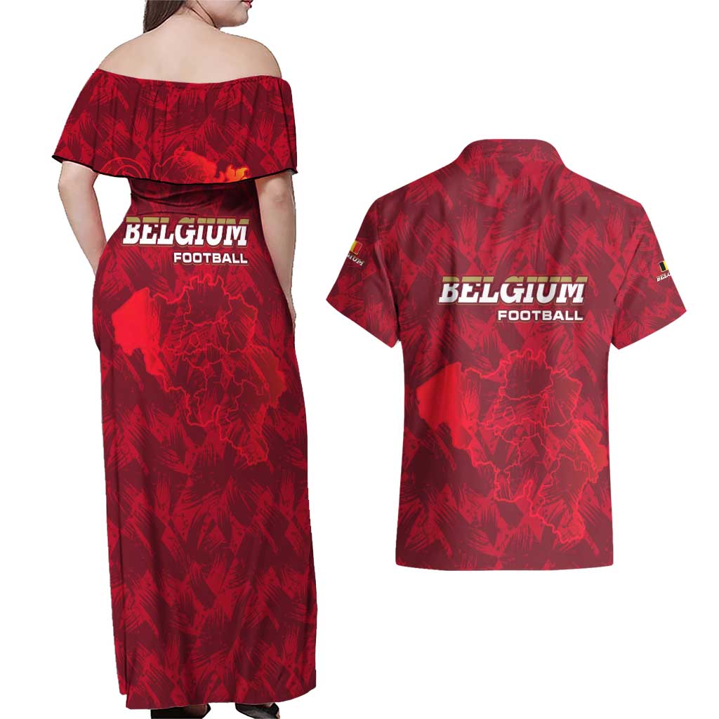 Belgium Couples Matching Off Shoulder Maxi Dress and Hawaiian Shirt with Football Red Map Crest Rose Spirit