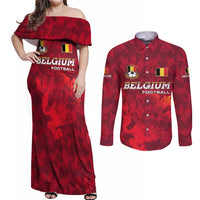 Belgium Couples Matching Off Shoulder Maxi Dress and Long Sleeve Button Shirt with Football Red Map Crest Rose Spirit