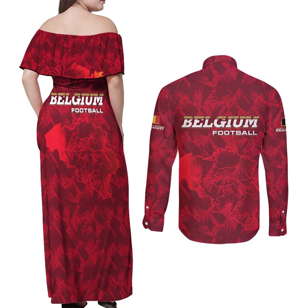 Belgium Couples Matching Off Shoulder Maxi Dress and Long Sleeve Button Shirt with Football Red Map Crest Rose Spirit
