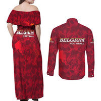 Belgium Couples Matching Off Shoulder Maxi Dress and Long Sleeve Button Shirt with Football Red Map Crest Rose Spirit