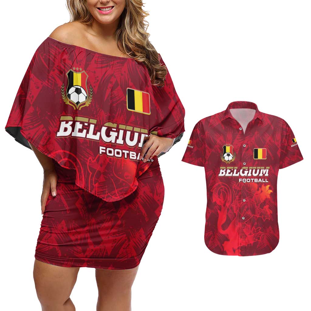 Belgium Couples Matching Off Shoulder Short Dress and Hawaiian Shirt with Football Red Map Crest Rose Spirit