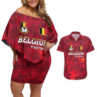 Belgium Couples Matching Off Shoulder Short Dress and Hawaiian Shirt with Football Red Map Crest Rose Spirit