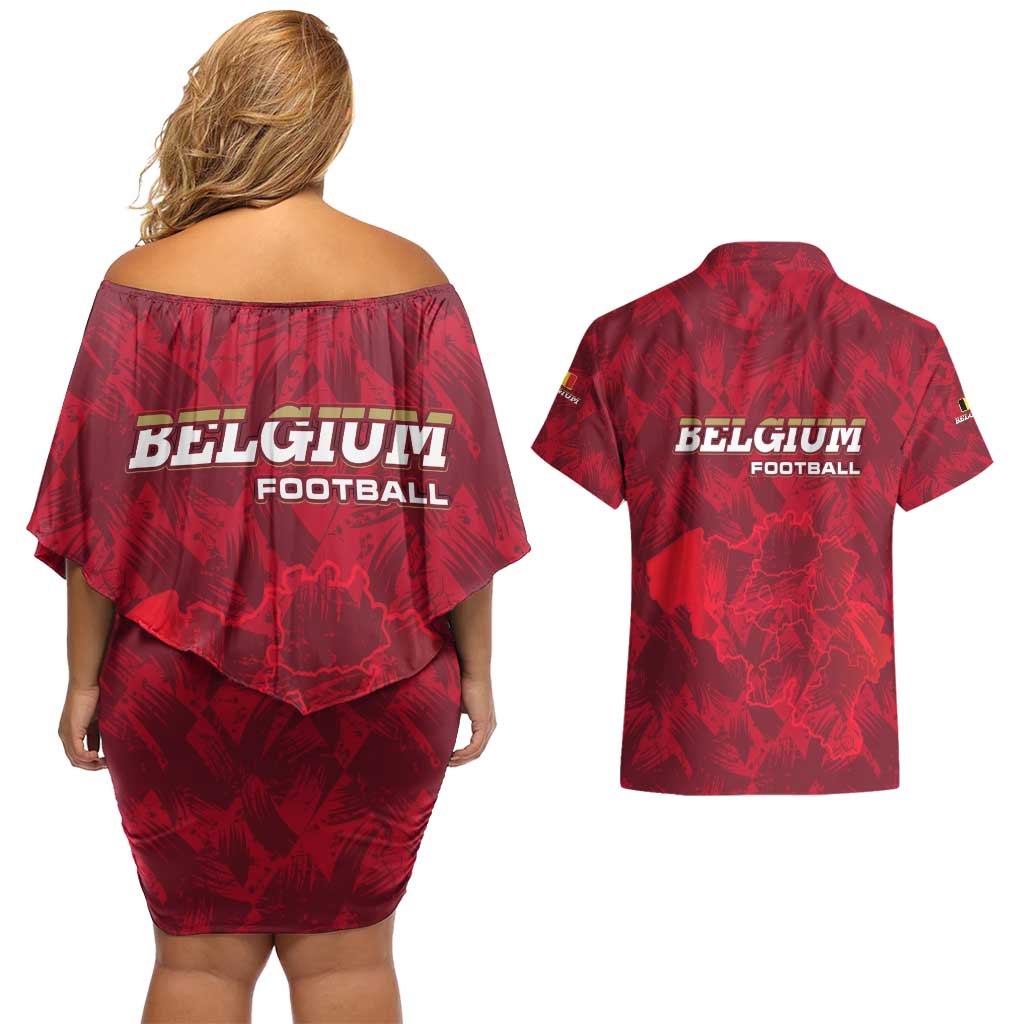 Belgium Couples Matching Off Shoulder Short Dress and Hawaiian Shirt with Football Red Map Crest Rose Spirit