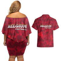 Belgium Couples Matching Off Shoulder Short Dress and Hawaiian Shirt with Football Red Map Crest Rose Spirit
