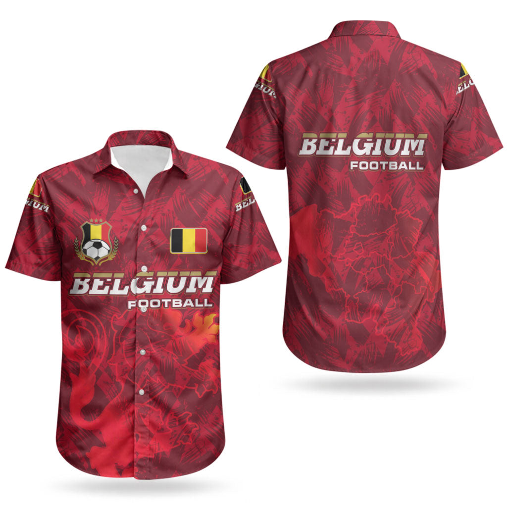 Belgium Couples Matching Off Shoulder Short Dress and Hawaiian Shirt with Football Red Map Crest Rose Spirit TS04