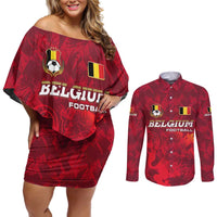 Belgium Couples Matching Off Shoulder Short Dress and Long Sleeve Button Shirt with Football Red Map Crest Rose Spirit