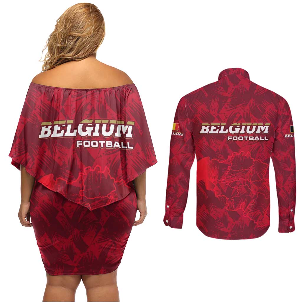 Belgium Couples Matching Off Shoulder Short Dress and Long Sleeve Button Shirt with Football Red Map Crest Rose Spirit