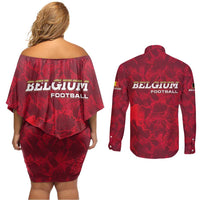 Belgium Couples Matching Off Shoulder Short Dress and Long Sleeve Button Shirt with Football Red Map Crest Rose Spirit