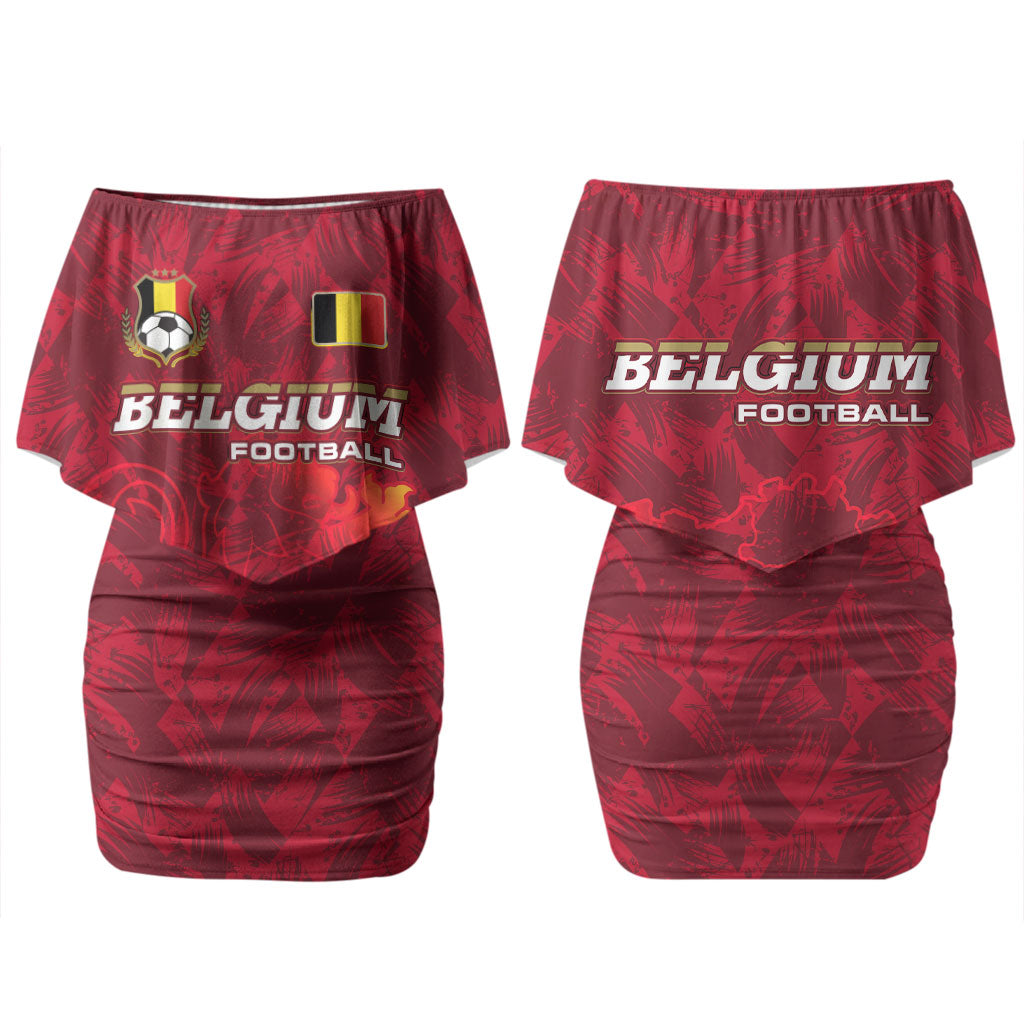 Belgium Couples Matching Off Shoulder Short Dress and Long Sleeve Button Shirt with Football Red Map Crest Rose Spirit TS04