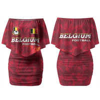 Belgium Couples Matching Off Shoulder Short Dress and Long Sleeve Button Shirt with Football Red Map Crest Rose Spirit TS04