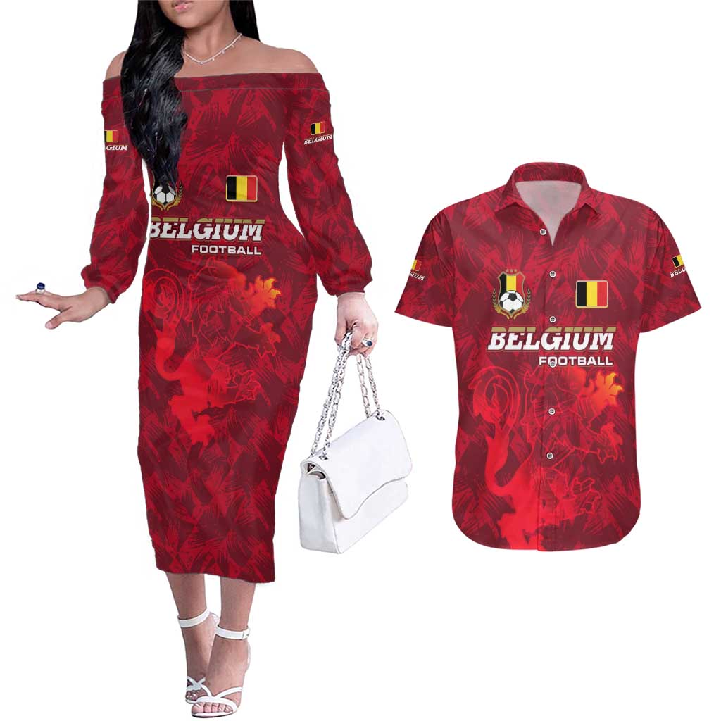 Belgium Couples Matching Off The Shoulder Long Sleeve Dress and Hawaiian Shirt with Football Red Map Crest Rose Spirit