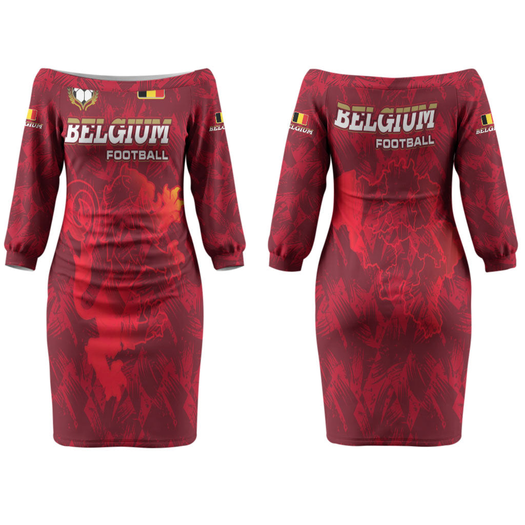 Belgium Couples Matching Off The Shoulder Long Sleeve Dress and Long Sleeve Button Shirt with Football Red Map Crest Rose Spirit TS04