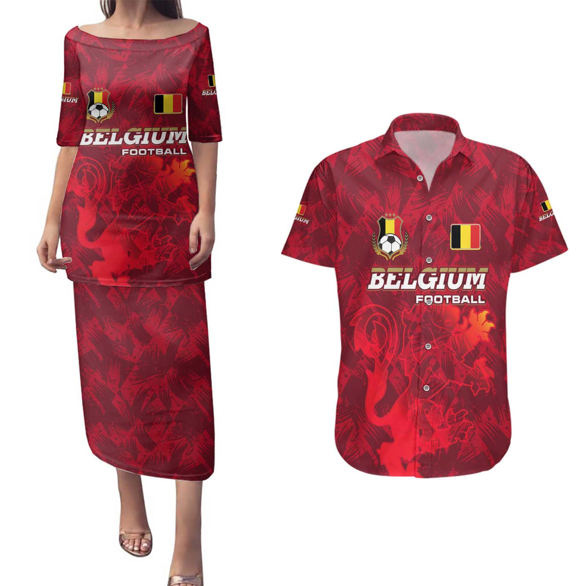 Belgium Couples Matching Puletasi and Hawaiian Shirt with Football Red Map Crest Rose Spirit