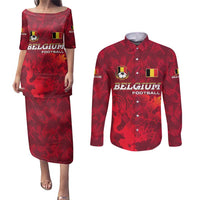 Belgium Couples Matching Puletasi and Long Sleeve Button Shirt with Football Red Map Crest Rose Spirit