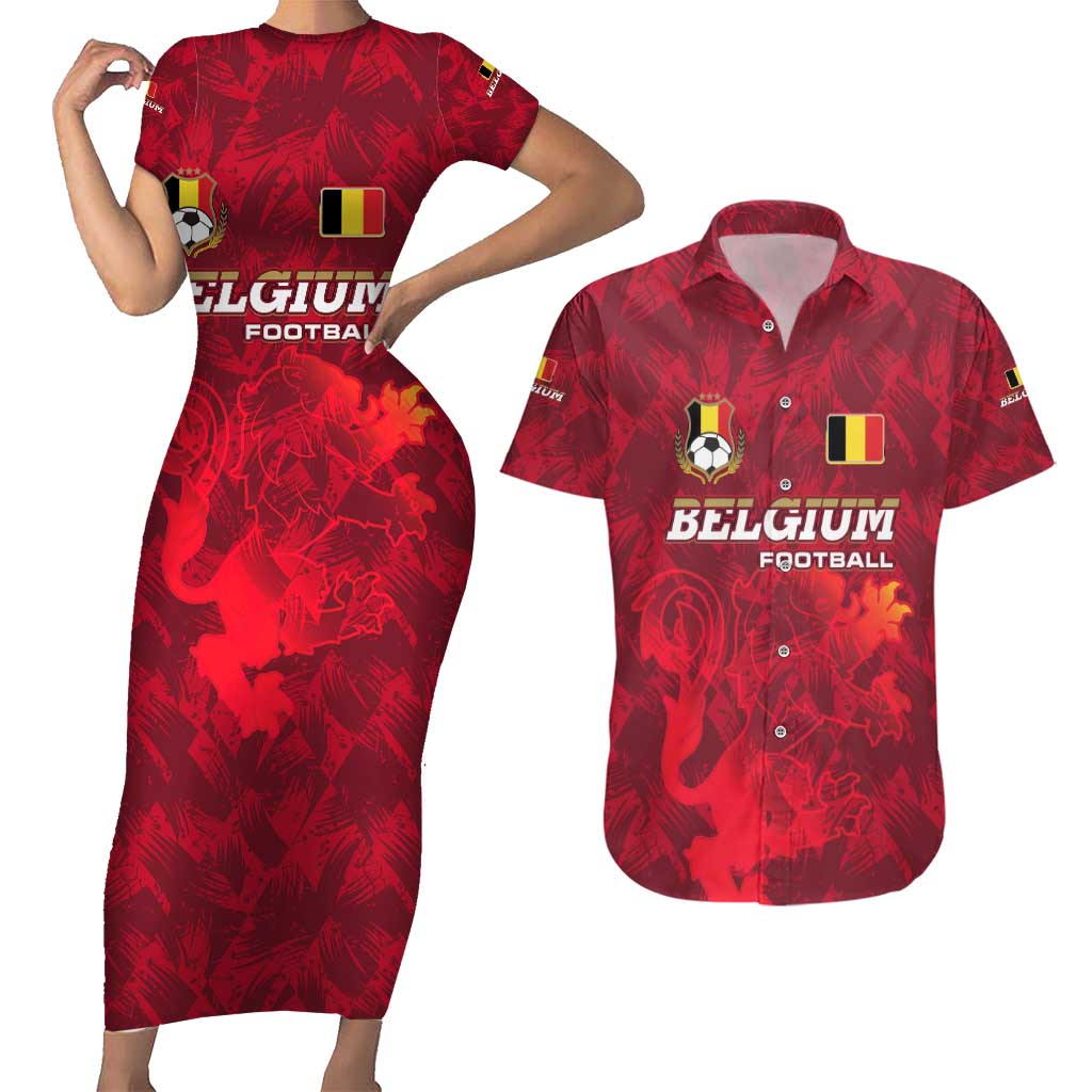 Belgium Couples Matching Short Sleeve Bodycon Dress and Hawaiian Shirt with Football Red Map Crest Rose Spirit