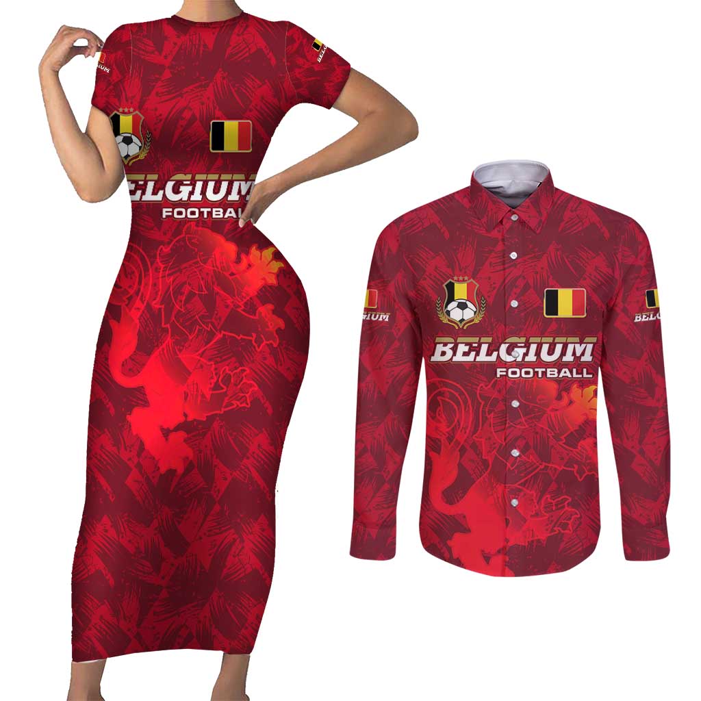Belgium Couples Matching Short Sleeve Bodycon Dress and Long Sleeve Button Shirt with Football Red Map Crest Rose Spirit