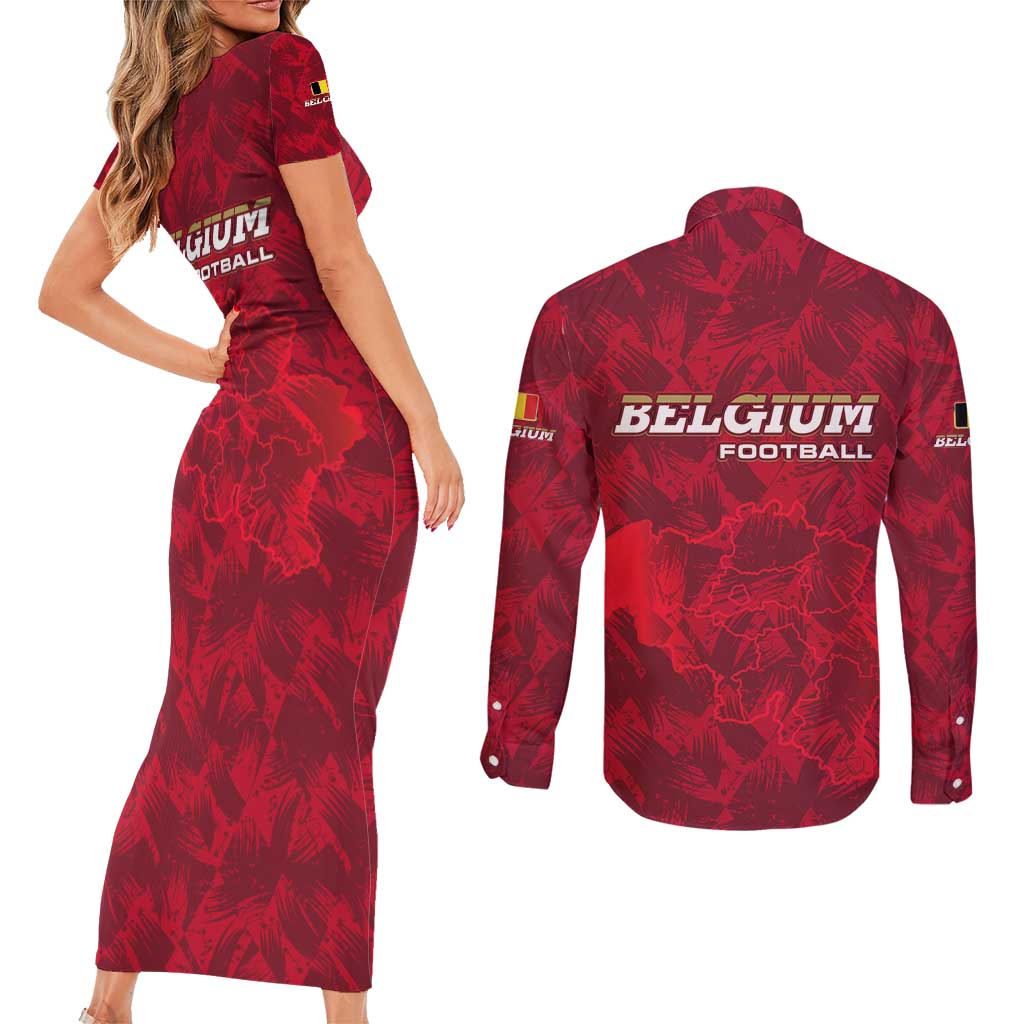 Belgium Couples Matching Short Sleeve Bodycon Dress and Long Sleeve Button Shirt with Football Red Map Crest Rose Spirit