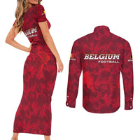 Belgium Couples Matching Short Sleeve Bodycon Dress and Long Sleeve Button Shirt with Football Red Map Crest Rose Spirit