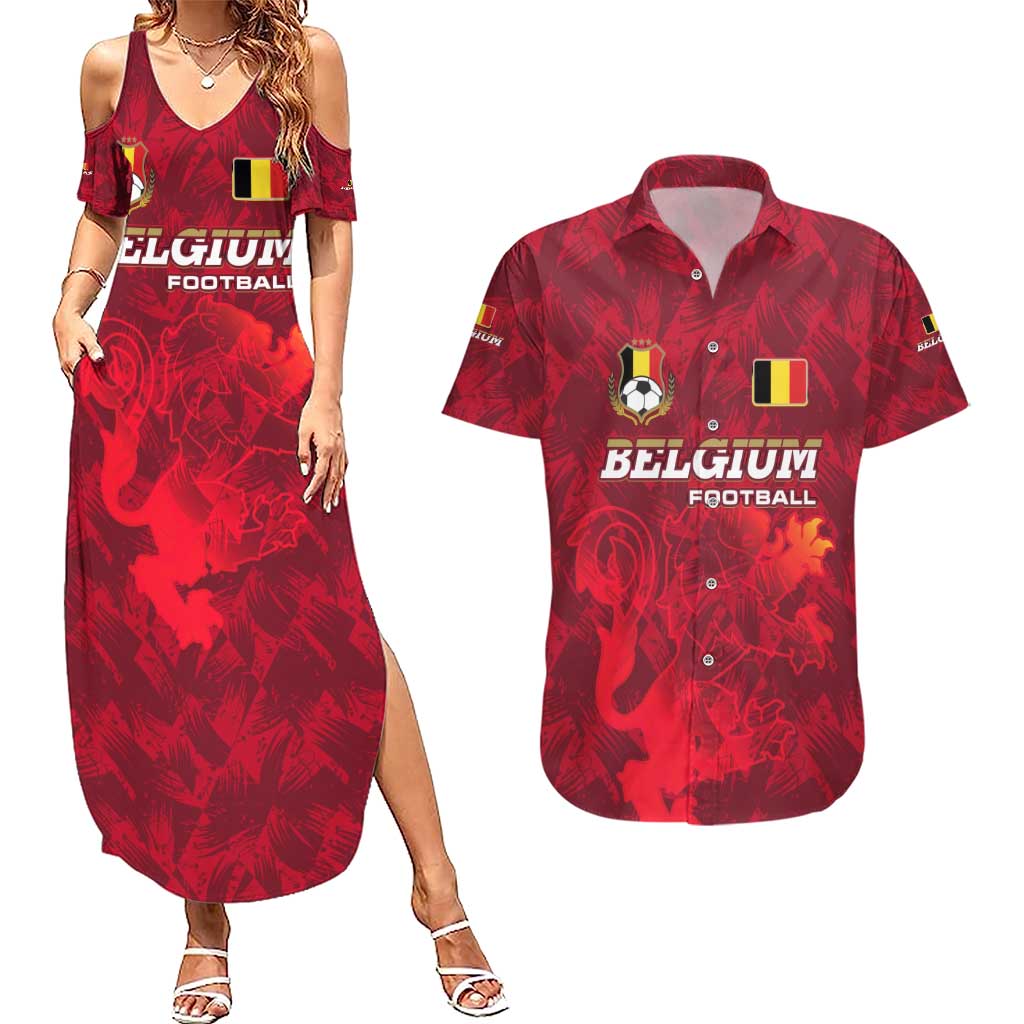 Belgium Couples Matching Summer Maxi Dress and Hawaiian Shirt with Football Red Map Crest Rose Spirit