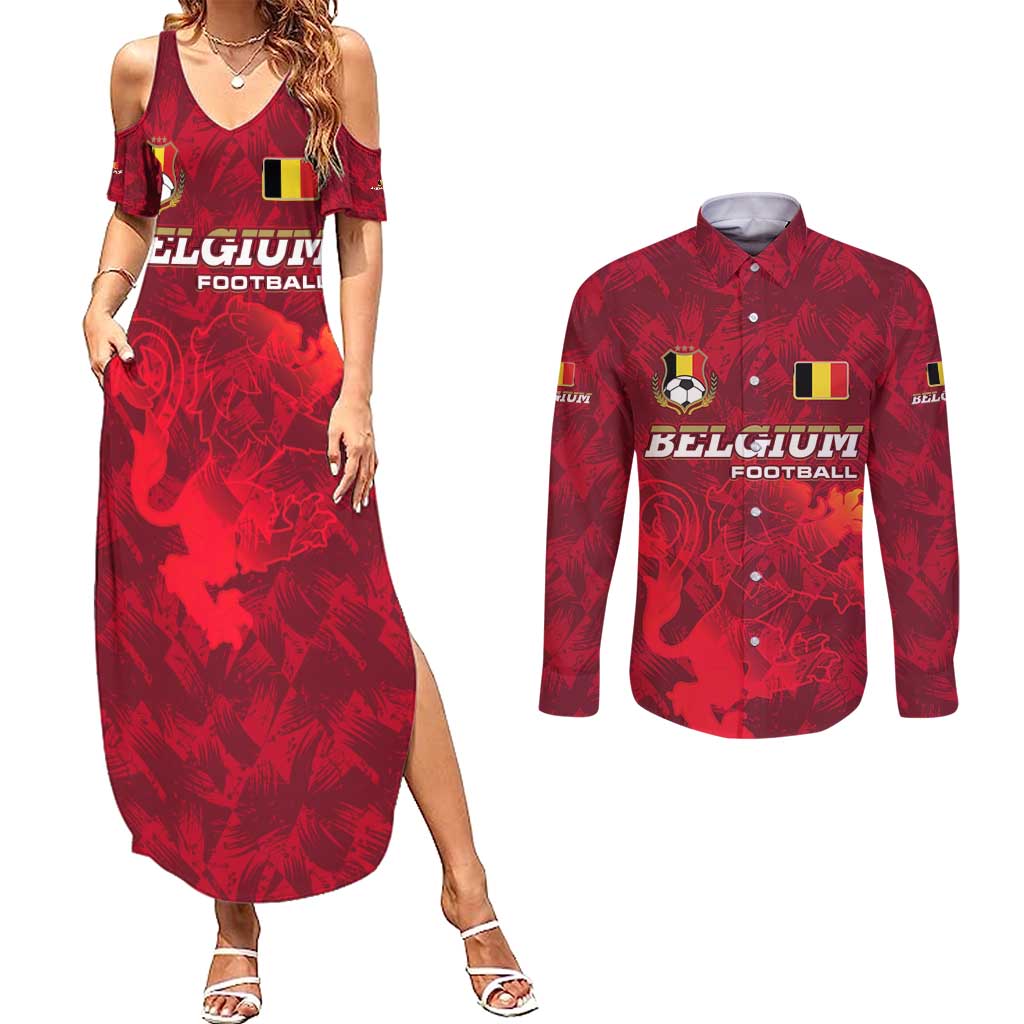 Belgium Couples Matching Summer Maxi Dress and Long Sleeve Button Shirt with Football Red Map Crest Rose Spirit