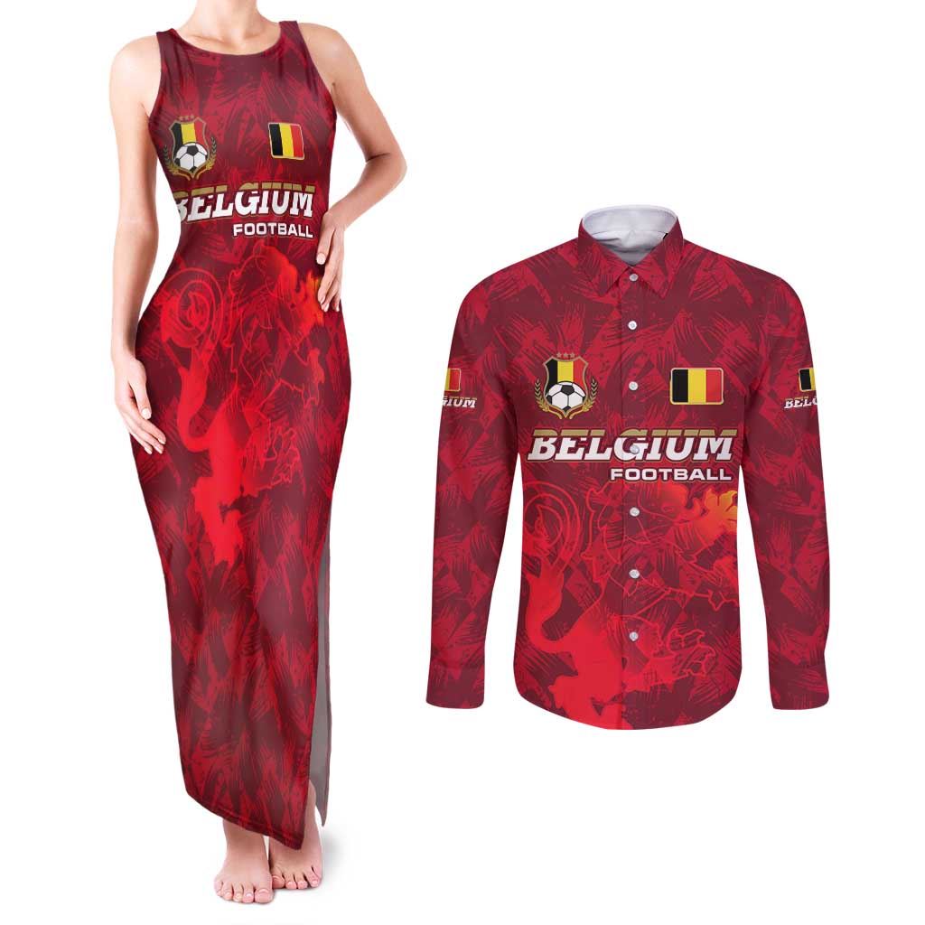 Belgium Couples Matching Tank Maxi Dress and Long Sleeve Button Shirt with Football Red Map Crest Rose Spirit