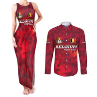 Belgium Couples Matching Tank Maxi Dress and Long Sleeve Button Shirt with Football Red Map Crest Rose Spirit