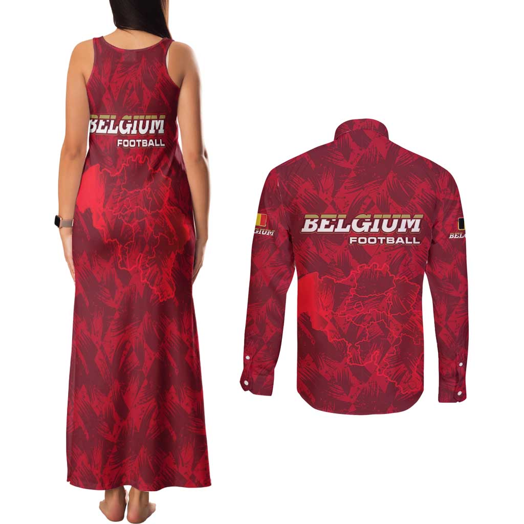 Belgium Couples Matching Tank Maxi Dress and Long Sleeve Button Shirt with Football Red Map Crest Rose Spirit
