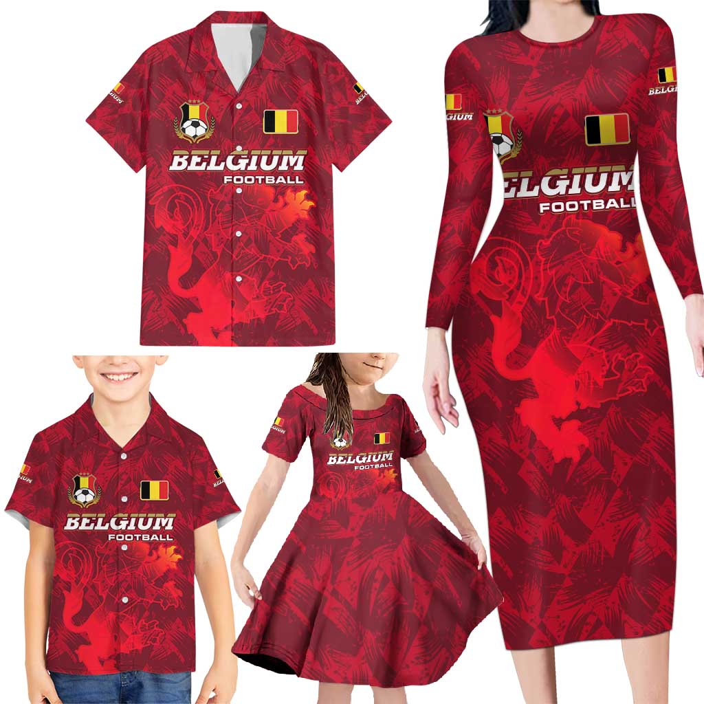 Belgium Family Matching Long Sleeve Bodycon Dress and Hawaiian Shirt with Football Red Map Crest Rose Spirit