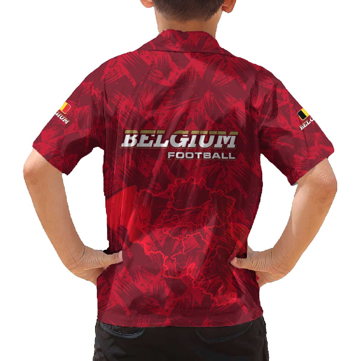 Belgium Family Matching Off The Shoulder Long Sleeve Dress and Hawaiian Shirt with Football Red Map Crest Rose Spirit