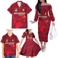 Belgium Family Matching Off The Shoulder Long Sleeve Dress and Hawaiian Shirt with Football Red Map Crest Rose Spirit