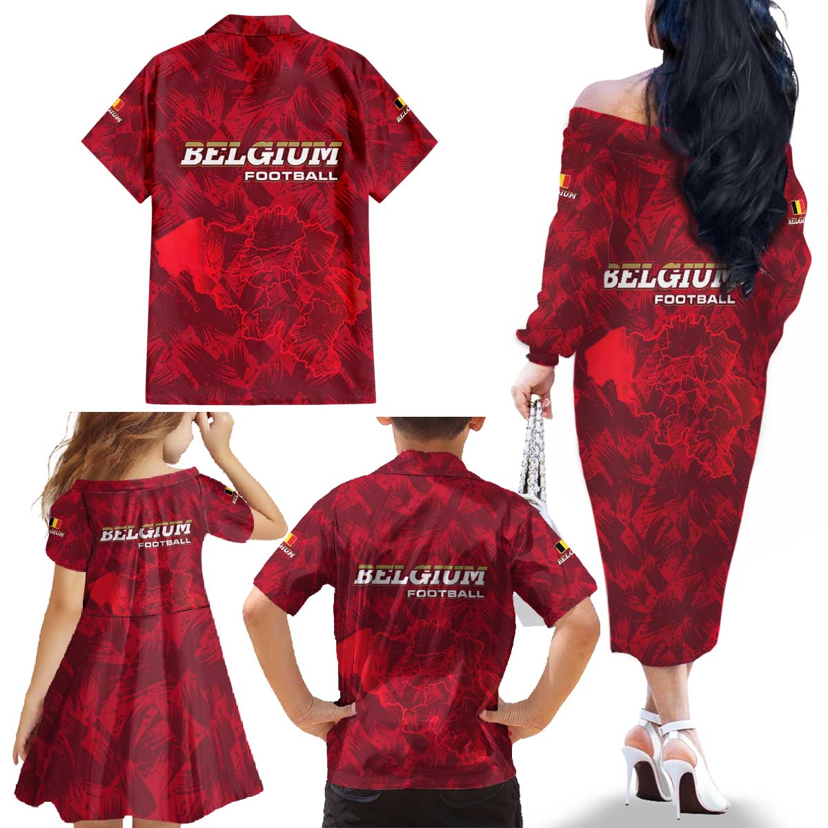Belgium Family Matching Off The Shoulder Long Sleeve Dress and Hawaiian Shirt with Football Red Map Crest Rose Spirit