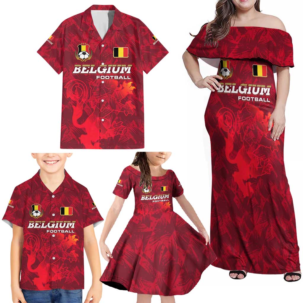 Belgium Family Matching Off Shoulder Maxi Dress and Hawaiian Shirt with Football Red Map Crest Rose Spirit