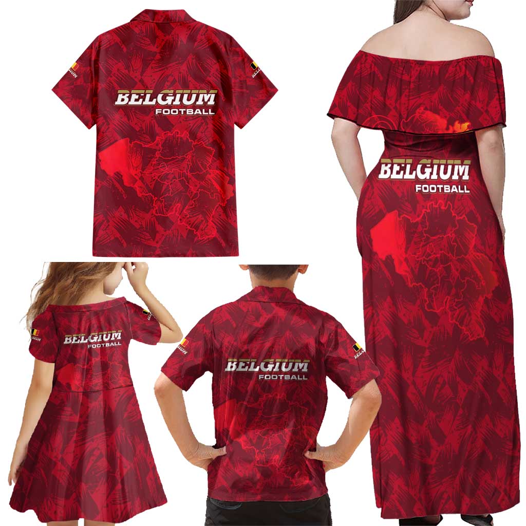Belgium Family Matching Off Shoulder Maxi Dress and Hawaiian Shirt with Football Red Map Crest Rose Spirit
