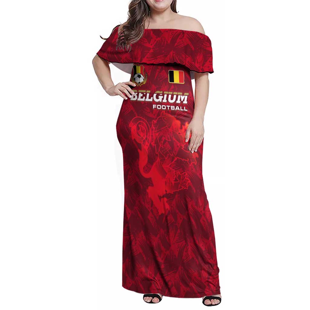 Belgium Family Matching Off Shoulder Maxi Dress and Hawaiian Shirt with Football Red Map Crest Rose Spirit