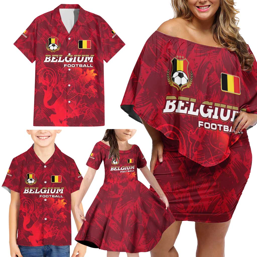 Belgium Family Matching Off Shoulder Short Dress and Hawaiian Shirt with Football Red Map Crest Rose Spirit